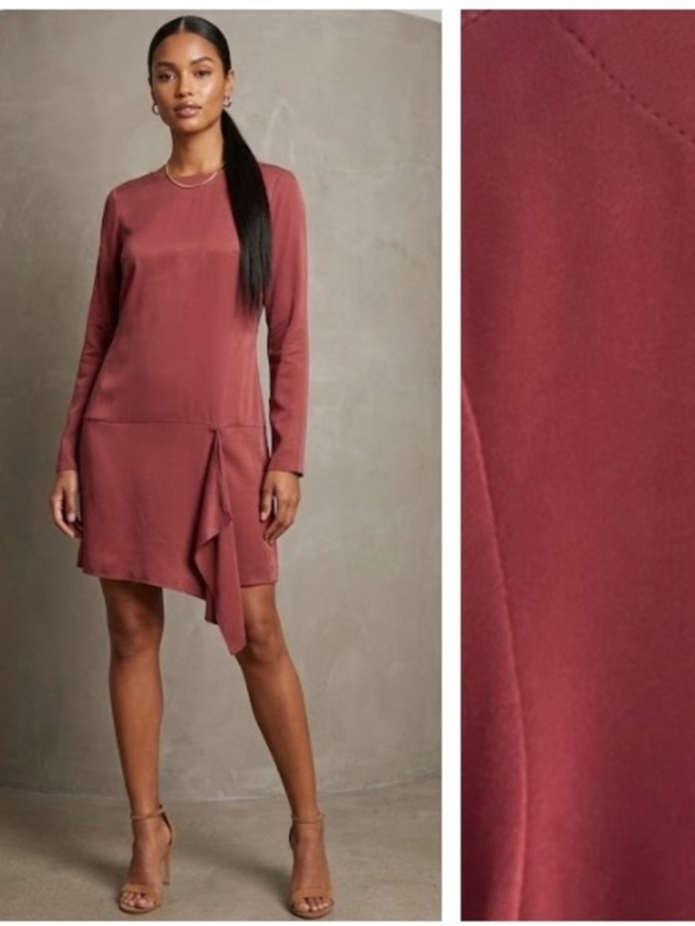 Tibi Maroon Burgundy Red Wine Silk Long Sleeve Draped Shift Dress 8